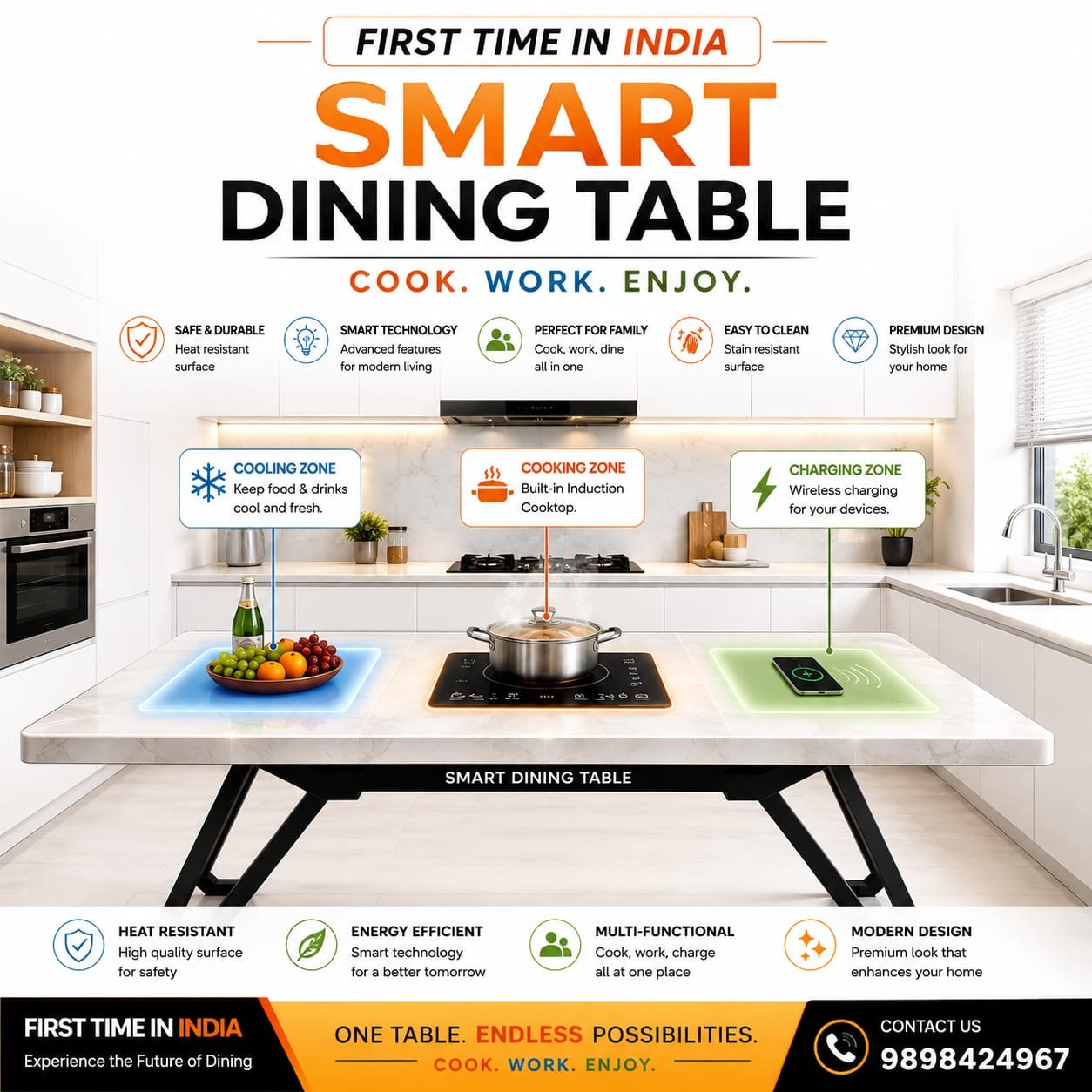 Smart dining table with cooking, cooling and charging zones